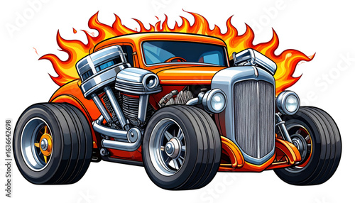 Cartoon hot rod car engulfed in flames, detailed design.