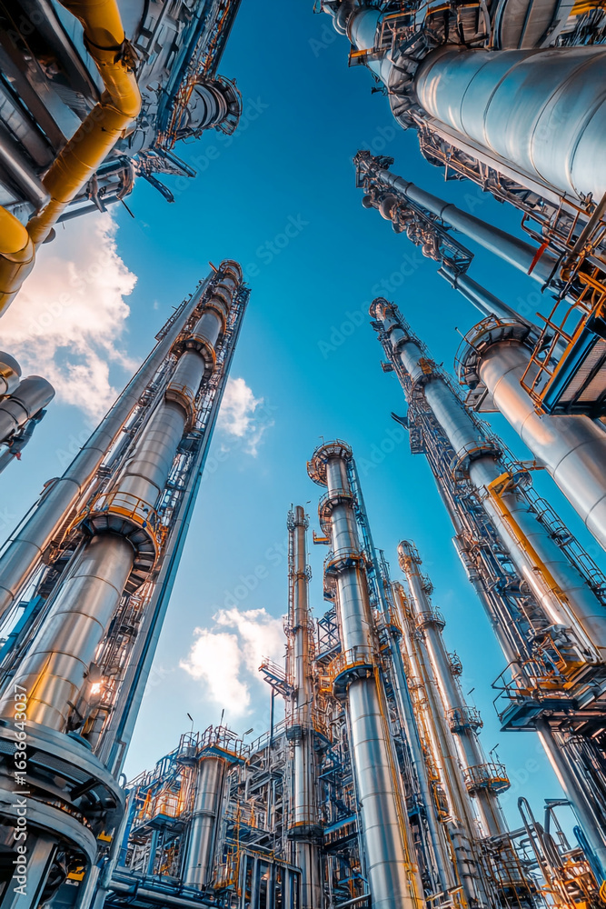 Obraz premium A large-scale view of a massive oil and gas refinery complex, with towering smokestacks and intricate networks of pipes against a vibrant blue sky with a few clouds.