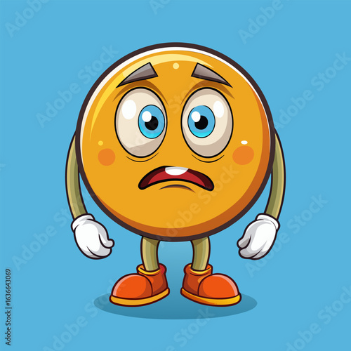 A worried cartoon emoji with round features stands in a light blue background. Concerned expression with open eyes and a slightly downturned mouth.
