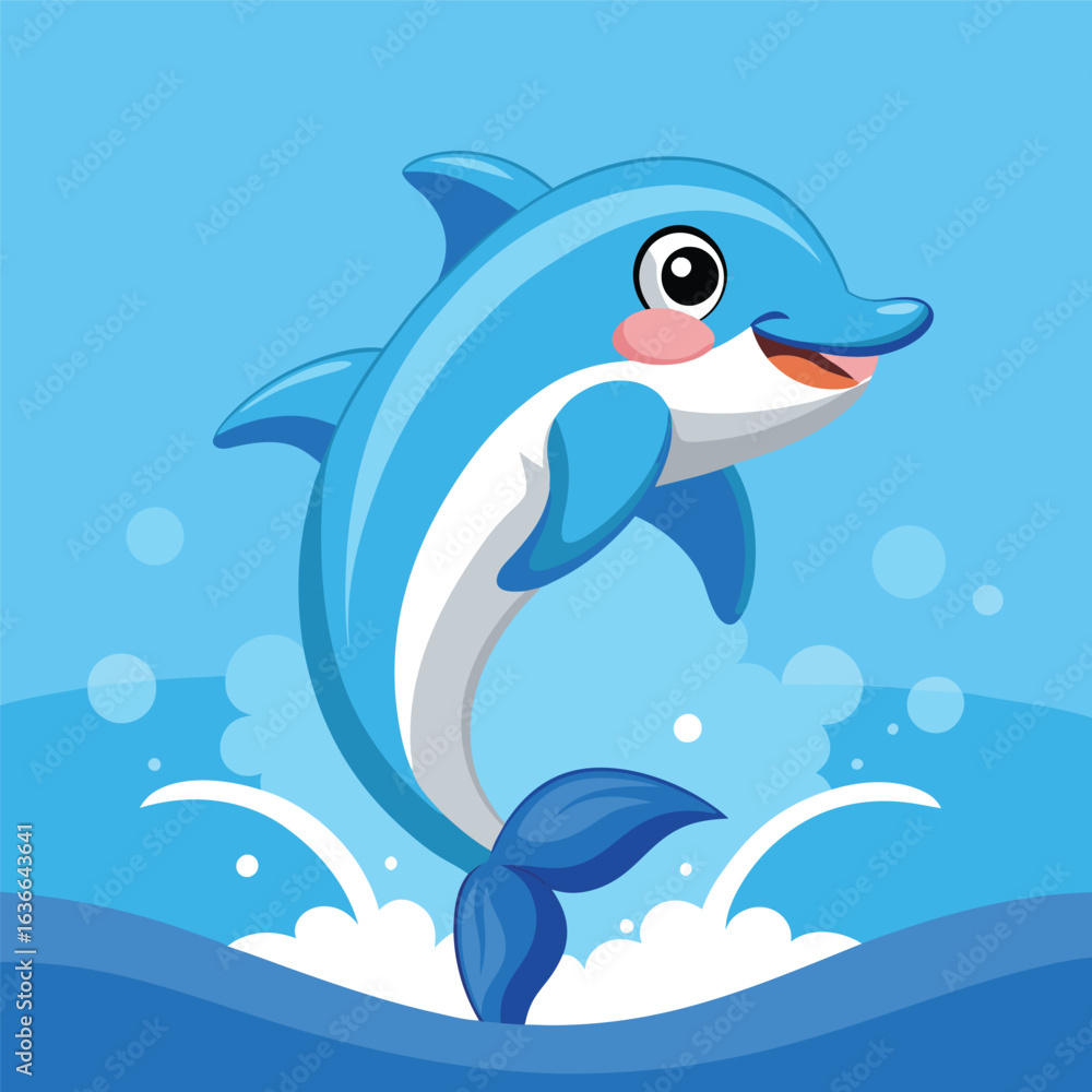 Fototapeta premium Cute cartoon dolphin leaping joyfully from blue ocean water