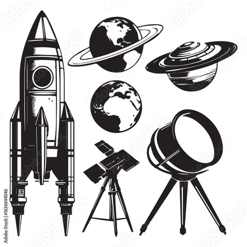 Vector art of black and white illustration of a rocket, planets, a ufo, and telescopes, representing space exploration and astronomy, isolated on white background