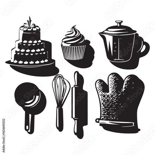 Vector art of collection of baking and cooking utensils and desserts, including a tiered cake, cupcake, whisk, rolling pin, oven mitt, measuring cup, and pitcher, isolated on white background