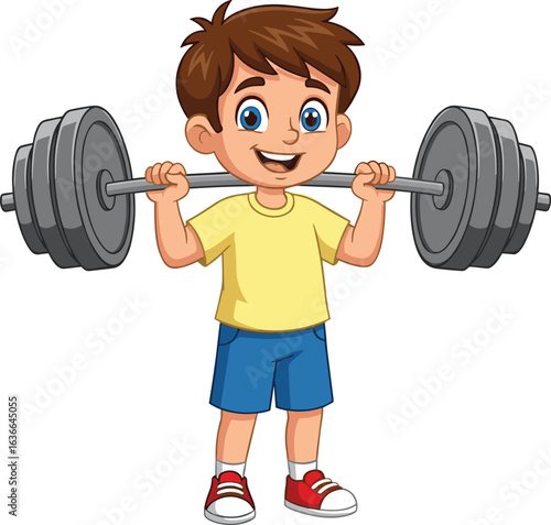 Cartoon boy weightlifting, yellow t-shirt, blue shorts, red sneakers, heavy barbell, fitness activity, strength training, vector illustration, gym pose
