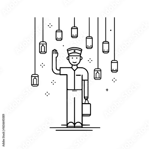 Illustration of hotel bellhop waving with luggage and hanging lanterns vector line art design concept