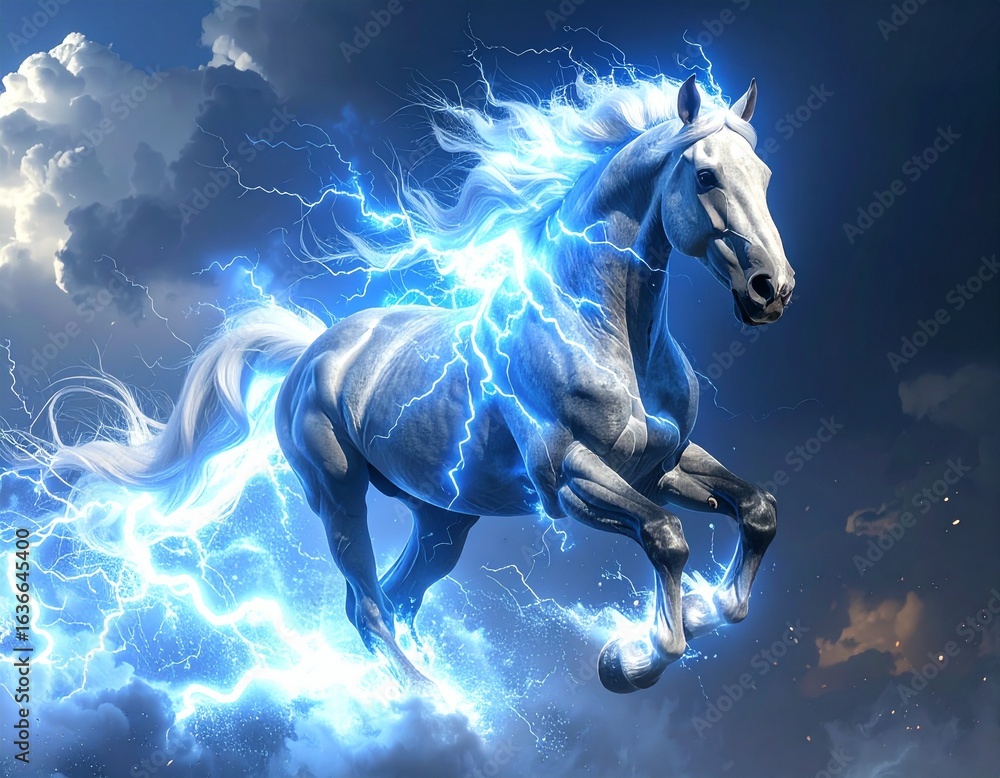 Obraz premium A beautiful white mare with a flowing mane running at a gallop in the snowy night