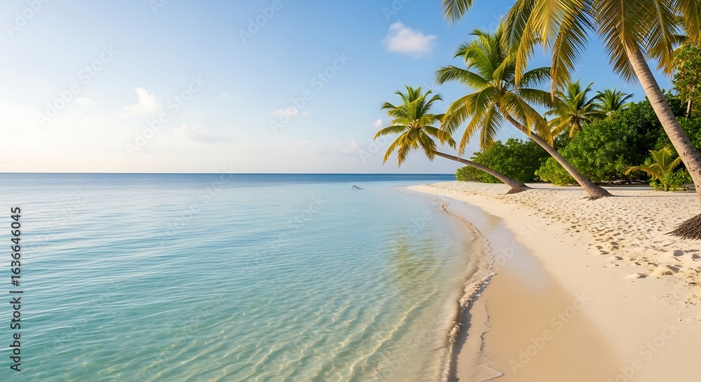 Obraz premium Tropical beach paradise with palm trees and turquoise water vacation scenery