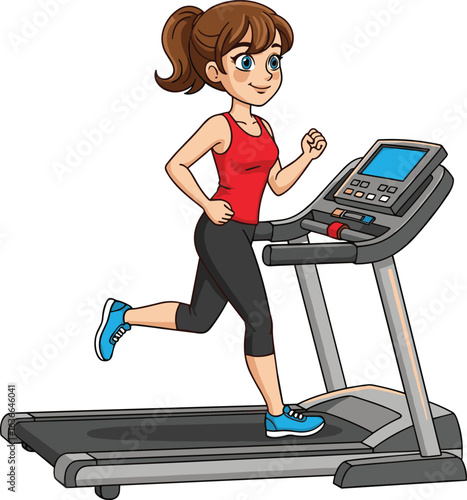 Person running on treadmill, red sleeveless top, black leggings, blue shoes, gym workout, cardio exercise, fitness equipment, vector illustration