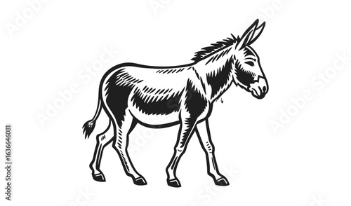 Black and white illustration of a donkey standing on a white background