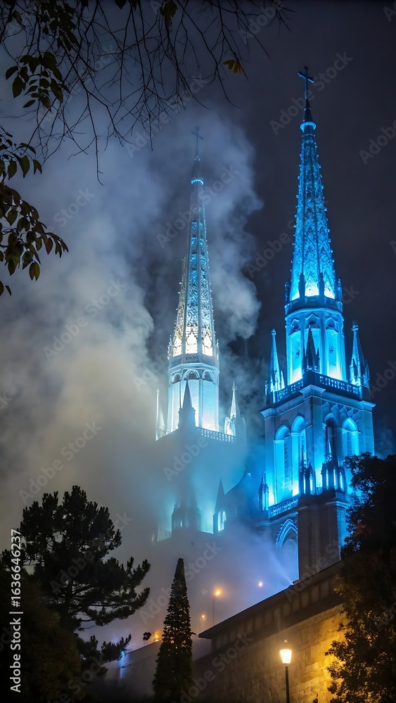 Fototapeta premium Glowing blue cathedral spires piercing through the night mist. Atmospheric and mystical scene. AI GENERATED. 