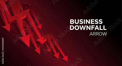 Red arrows pointing downwards symbolizing a business downfall and economic recession with a dark background