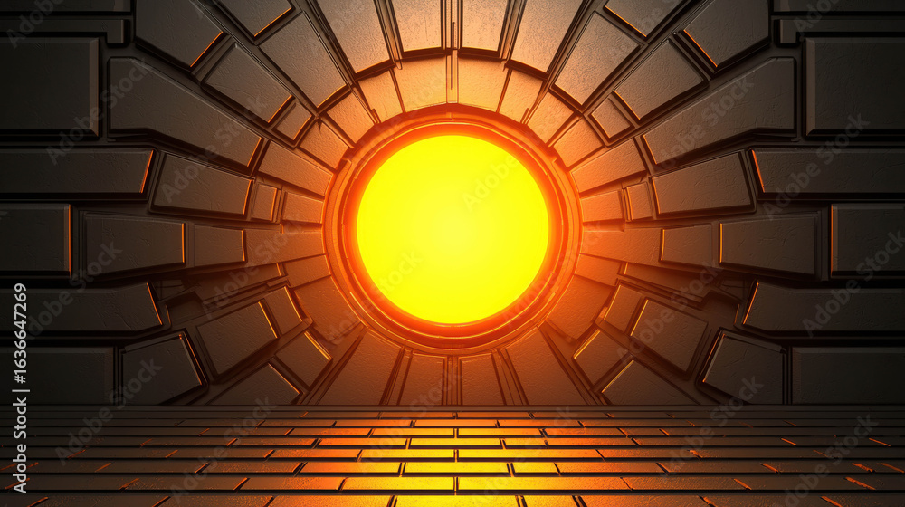 Fototapeta premium Radiant Sun Emerging from Geometric Circular Portal in Abstract Design, Depicting Light and Shadow Play in Futuristic Environment
