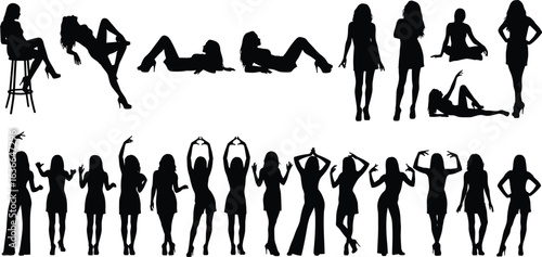 Seductive and Confident Women Silhouettes Posing in Various Attractive Poses, Capturing Feminine Power, Style, and Grace in Silhouette Art.