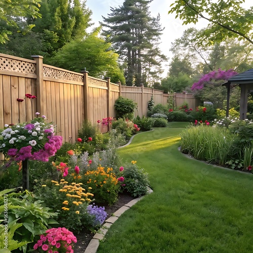 Fototapeta Naklejka Na Ścianę i Meble -  Beautiful lush garden path with blooming flowers and wooden fence at sunset