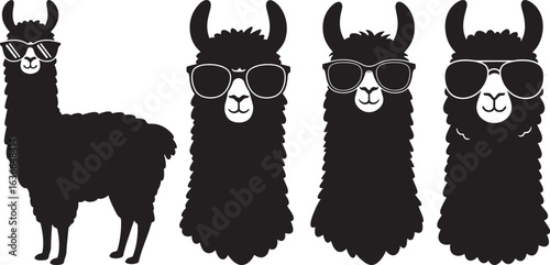 Four black llama silhouettes wearing sunglasses isolated on white background