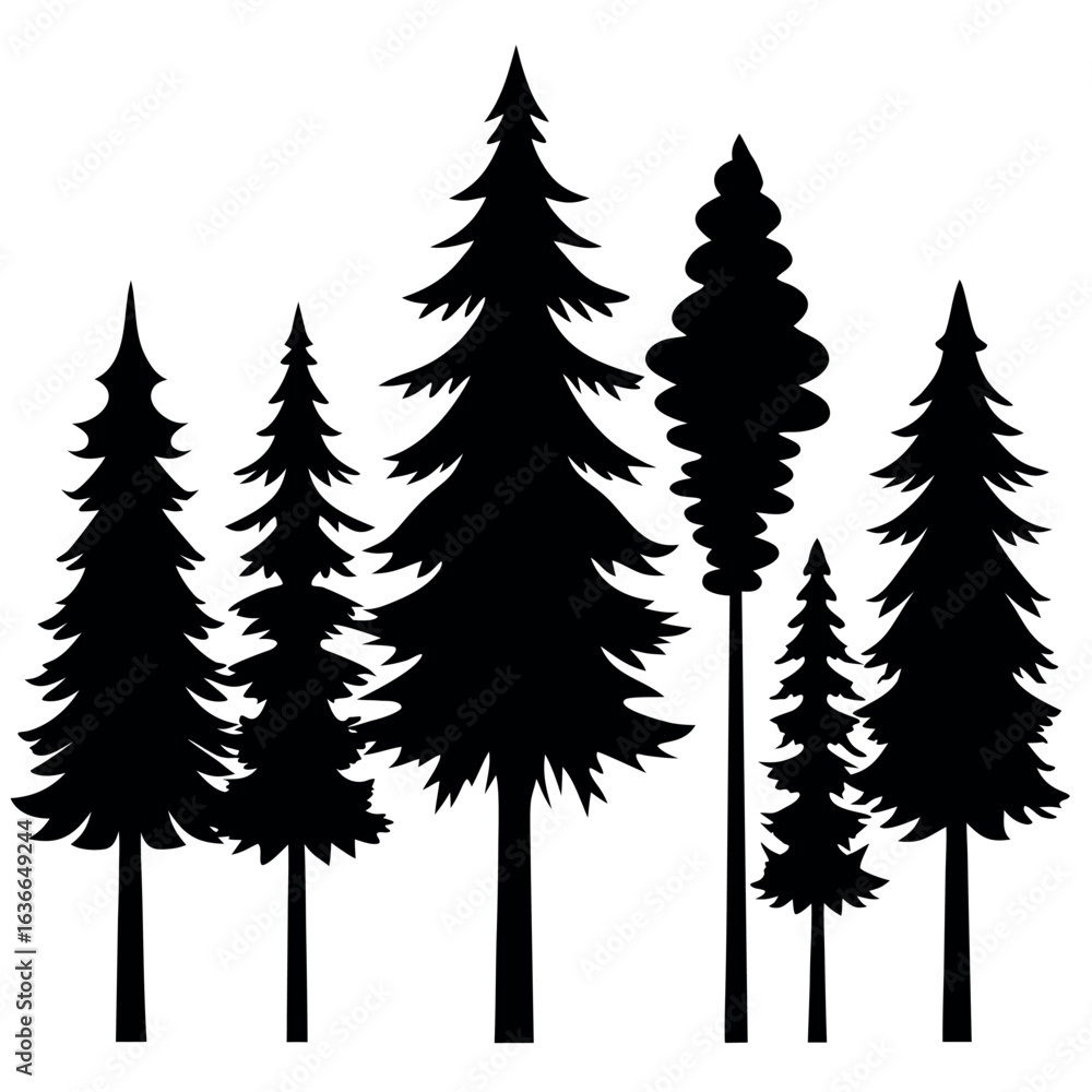 Fototapeta premium Christmas Trees Pictogram Set – Black Pine and Fir Tree Vector Silhouettes