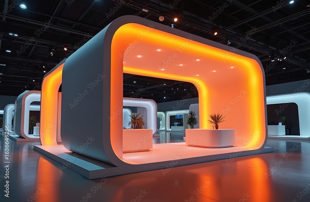 Fototapeta premium Modern exhibition booth interior with striking orange illumination, sleek reflective flooring. Featuring clean, minimalist design, architecture, spacious presentation area ideal for trade shows,