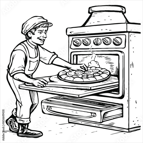 Line Art Illustration of a Pizza Maker Putting Pizza in Oven, in Vintage Style, Black and White Graphic