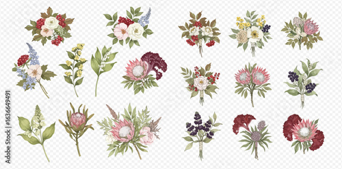 A beautiful collection of isolated floral illustrations, including bouquets, boutonnieres, and single stems in a delicate, hand-drawn style.