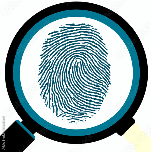 Zoomed fingerprint under a magnifying glass in a modern graphic style on a white background
