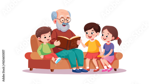 Grandfather reading a book to three children sitting on a couch with a white background scene design