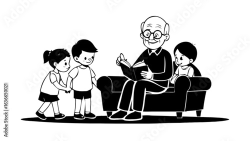 Grandfather reading a story to his grandchildren sitting on a sofa in a black and white illustration
