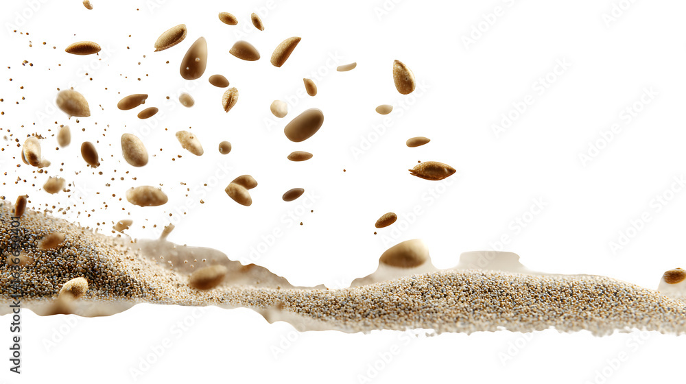 Fototapeta premium Flying sand grains scattered in air on a white background