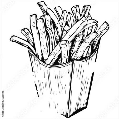 Black and White Sketch of a Container Overflowing with French Fries Ready to be Devoured by Eager Customers