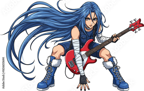 PrintBlue-haired cartoon rocker, red bass guitar, crouching pose, sleeveless vest, fur-trimmed boots, bandaged arms, energetic style, dynamic music character