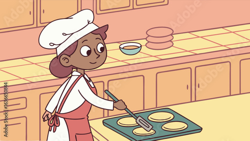 Cartoon chef flipping pancakes in a kitchen with a bowl and stacked pancakes in the background