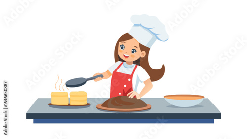Girl chef with apron and chef hat cooking pancakes on a kitchen counter with a spatula in her hand