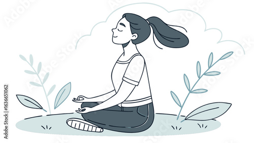 A woman with a ponytail meditating outdoors surrounded by plants and clouds in a peaceful setting