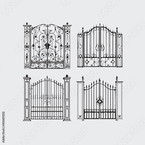 Set of four wrought iron gate vector designs — classic and ornamental black silhouettes for architectural and exterior decor