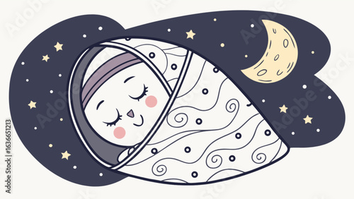 Illustration of a sleeping baby wrapped in a blanket under a starry night with a crescent moon