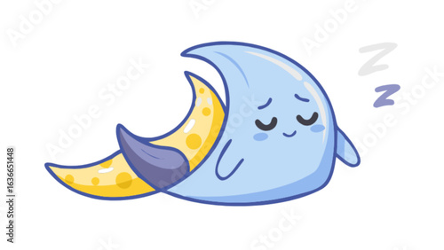 Cartoon crescent moon character sleeping peacefully on a yellow moon with zzz symbols floating nearby