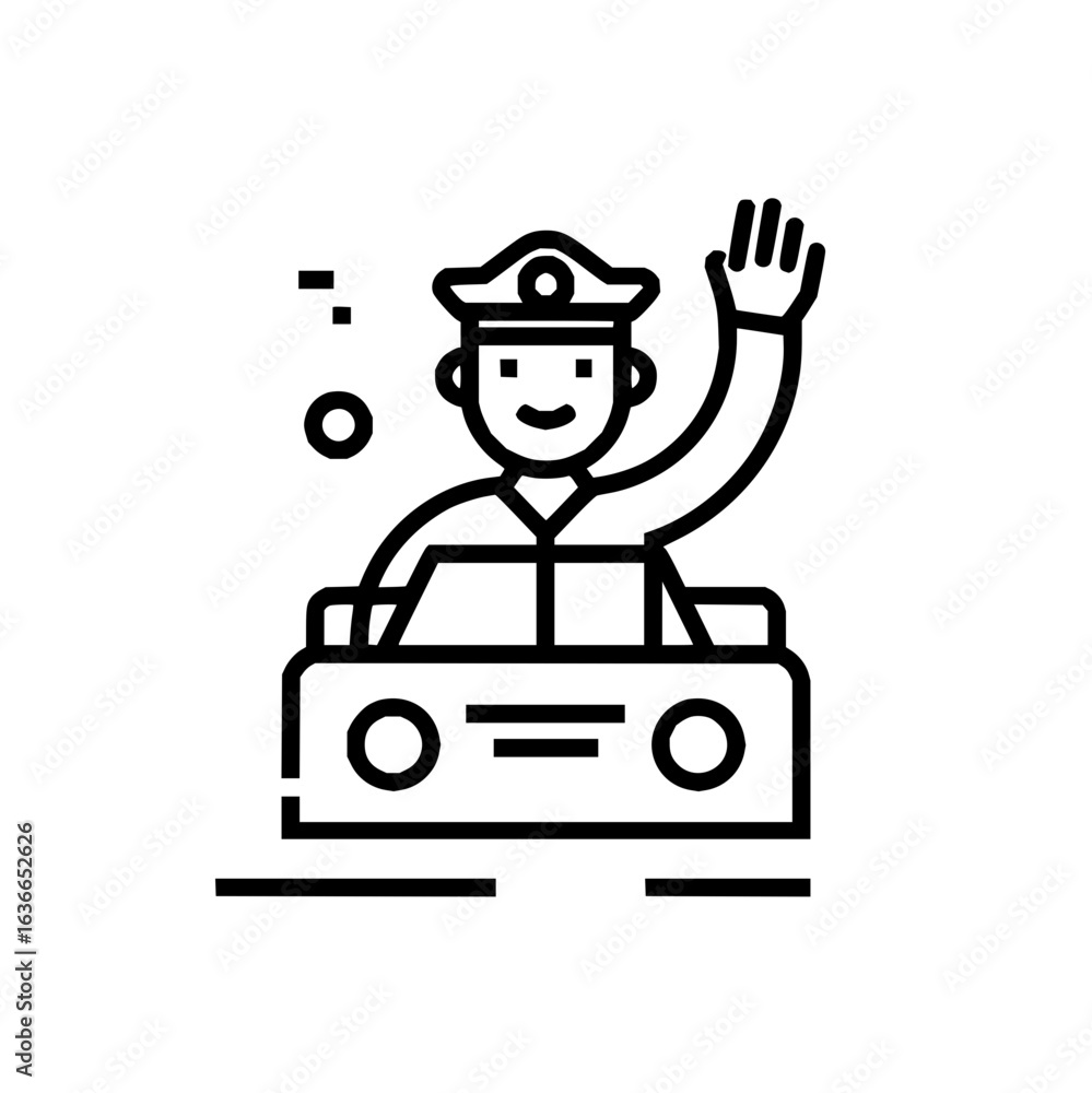 Obraz premium Police officer waving in car vector icon illustration for law enforcement and traffic safety design needs