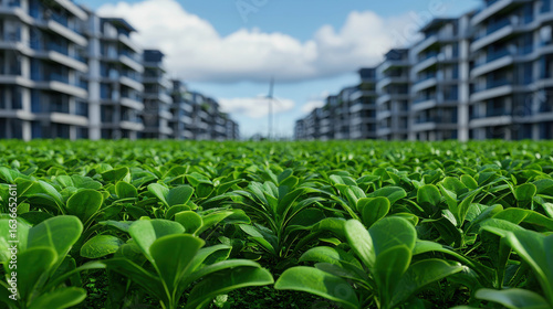 Lush Green Plants in Urban Setting with Modern Apartments and Wind Turbines Under Bright Blue Sky with Fluffy Clouds in the Background