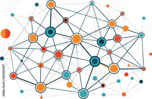 Adobe Illustrator Artwork Abstract geometric network of interconnected lines and nodes in a symmetrical pattern with blue and black circular elements representing data flow and connections on a white 