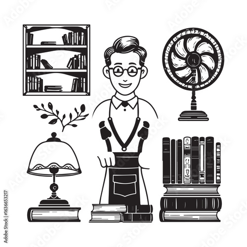 Vector art of vintage gentleman with books, lamp, and fan, isolated on white background