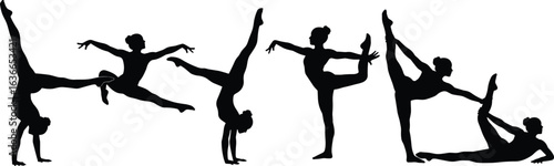 Gymnastics silhouettes, acrobatic poses, handstand, split, flexibility, balance, black vector, athletic movement, strength, dynamic body control