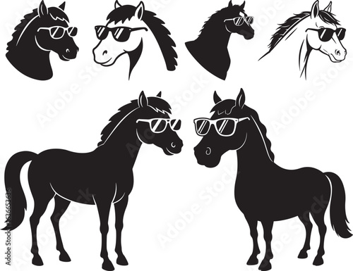 Collection of horse heads and full body silhouettes wearing sunglasses isolated on white background