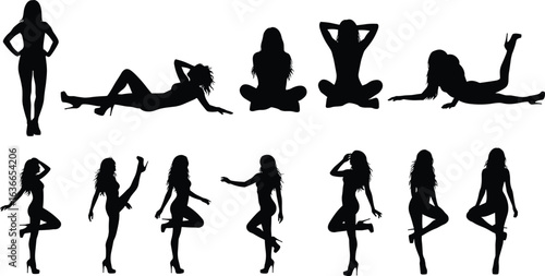 Human silhouettes, sitting, standing, lying down, black vector, body pose, casual posture, expressive figure, hair detail, person icon