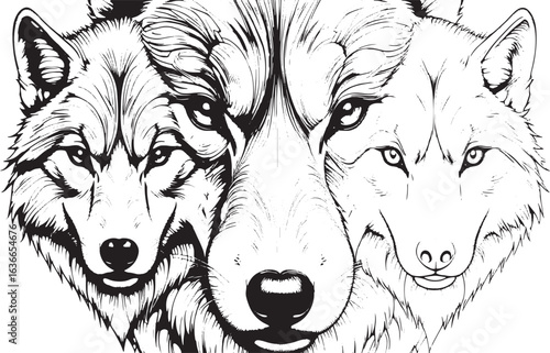 Three Wolves Realistic Pencil Drawing – Detailed Gray Wolf Faces in Stunning Wildlife Art Illustration