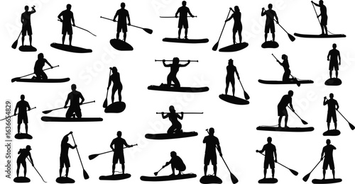 Paddleboarding silhouettes, SUP poses, standing, kneeling, sitting, paddling, black vector, water sport, outdoor activity, board, paddle, gear