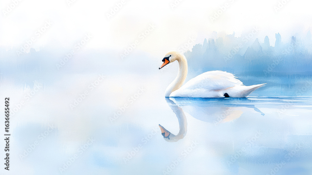 Obraz premium Serene watercolor painting of graceful swan gliding on calm water, reflecting its beauty in tranquil environment