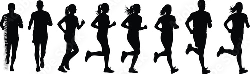Running silhouettes, runner poses, stride motion, athletic figure, black vector, male, female, fitness icon, jog, sprint, movement, sport