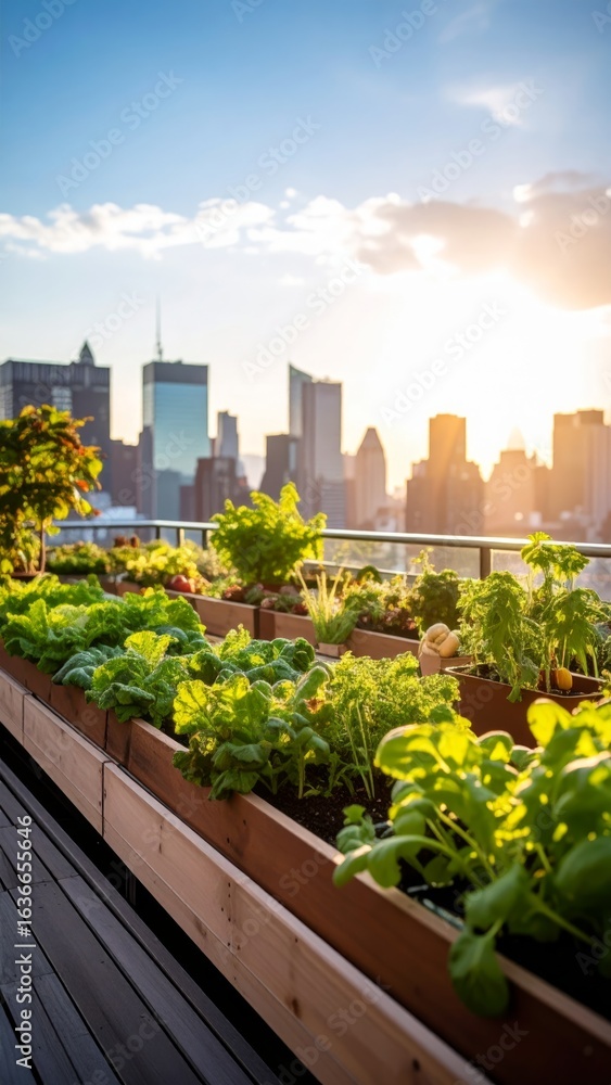 Fototapeta premium Urban Rooftop Garden at Sunset: A City Oasis of Greenery