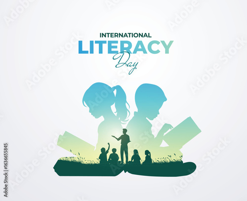 International Literacy Day Vector illustration of open book with alphabet letters and earth. Children education background or learning event concept.