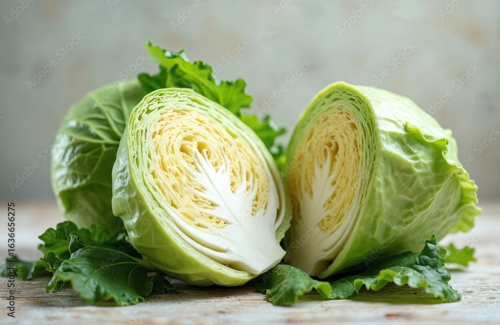 Fototapeta premium Two fresh green cabbage heads one halved, arranged on wooden surface. Crisp leaves reveal tightly packed layers of pale yellow interior. Ideal for culinary content, promoting healthy eating, organic