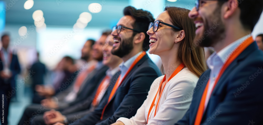 Obraz premium People attending international trade fair, conference business event. Professionals dressed in suits, casual wear, wearing lanyards with name tags. Focus on happy faces, engagement during