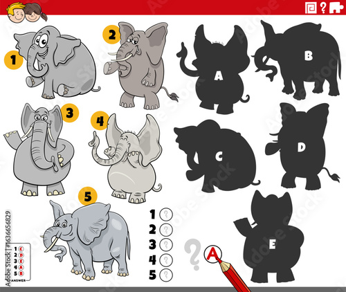 finding shadows puzzle with cartoon elephants animal characters